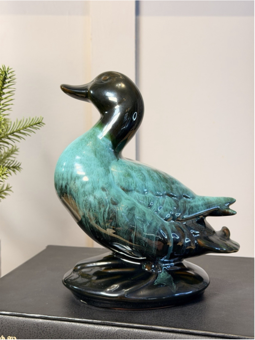 BLUE MOUNTAIN POTTERY STANDING DUCK GREEN GLAZE 8" HIGH X 7" IN LENGTH